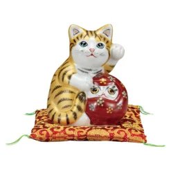 Kutani Ware Porcelain Daruma Maneki Neko Figurine Kinsai 5-Go