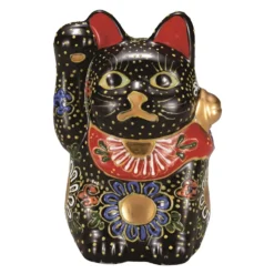 Kutani Ware Porcelain Maneki Neko Figurine Flowers Black 3.2-Go