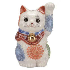 Kutani Ware Porcelain Maneki Neko Figurine Flowers White 3.3-Go