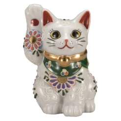 Kutani Ware Porcelain Maneki Neko Figurine Flowers White 4-Go