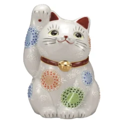 Kutani Ware Porcelain Maneki Neko Figurine Flowers White 7-Go