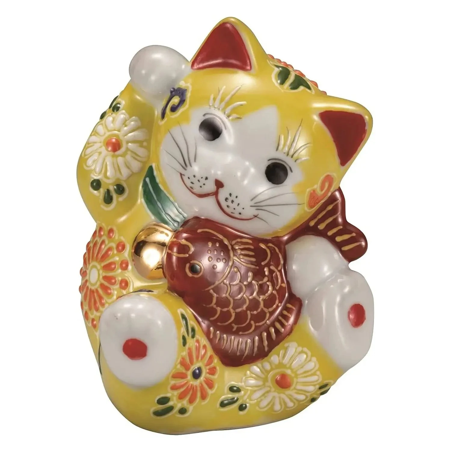 Kutani Ware Porcelain Maneki Neko Figurine Flowers Yellow 3.8-Go 1 Kutani Ware Porcelain Maneki Neko Figurine Flowers Yellow 3.8-Go
