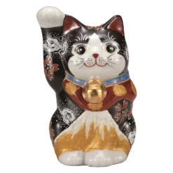 Kutani Ware Porcelain Maneki Neko Figurine Kin Fuji 4.8-Go
