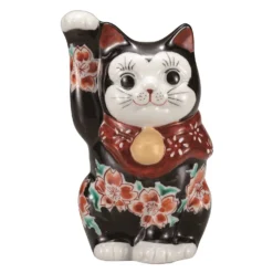 Kutani Ware Porcelain Maneki Neko Figurine Sakura Black 4-Go