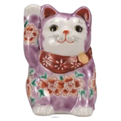 Kutani Ware Porcelain Maneki Neko Figurine Sakura Purple 3.2-Go