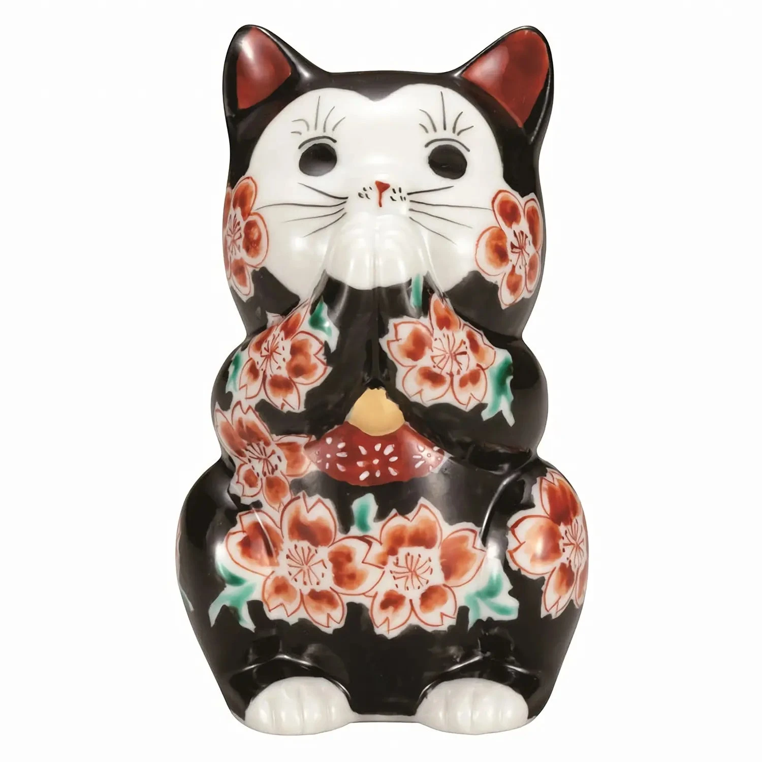 Kutani Ware Porcelain Praying Cat Figurine Sakura Black 3.8-Go 1 Kutani Ware Porcelain Praying Cat Figurine Sakura Black 3.8-Go