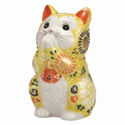 Kutani Ware Porcelain Praying Cat Figurine Yellow 3.8-Go