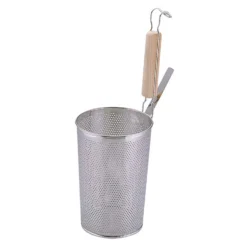 YUKIWA Stainless Steel Perforated Deep Tebo Noodle Strainer Flat Base With Wooden Handle